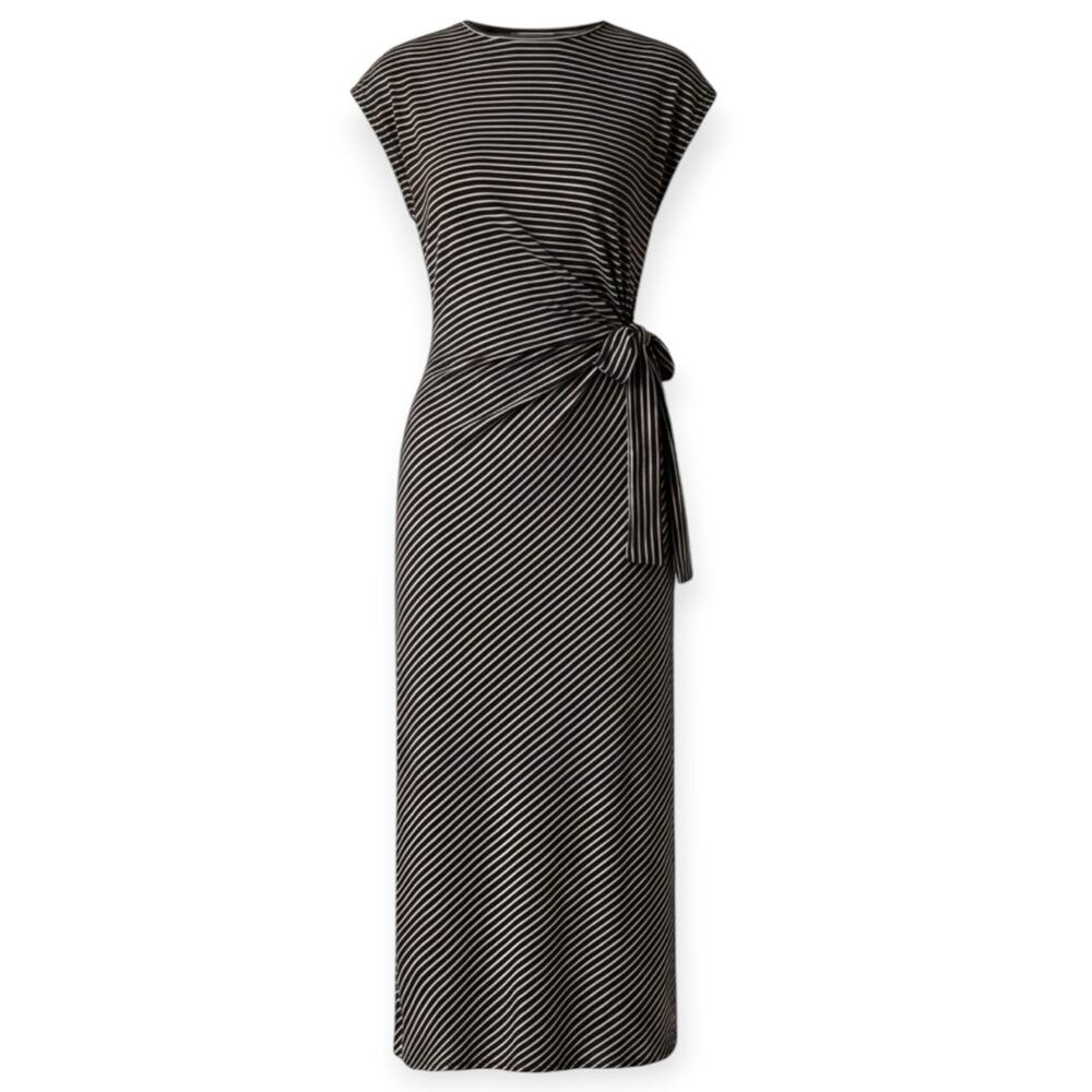 NWT OGL Striped Relaxed Midi Dress Self Tie Waist Size Medium Black Khaki
